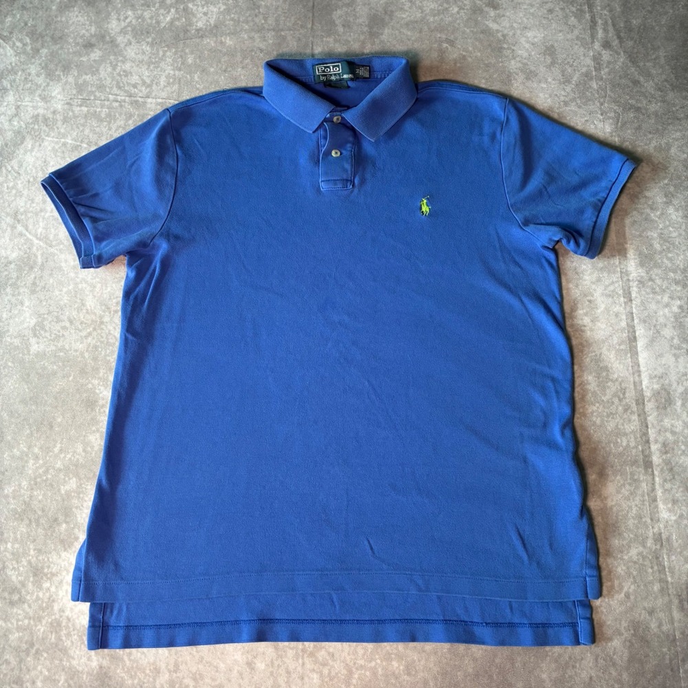 Vintage Polo Ralph Lauren Mens Custom Fit Blue Mesh Polo Shirt Lime Green Pony M - Picture 2 of 7